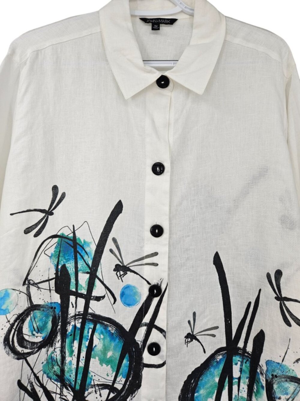 John Mark Abstract Button Up Linen Top White Women's Size 1X Artsy Art To Wear - Picture 3 of 11